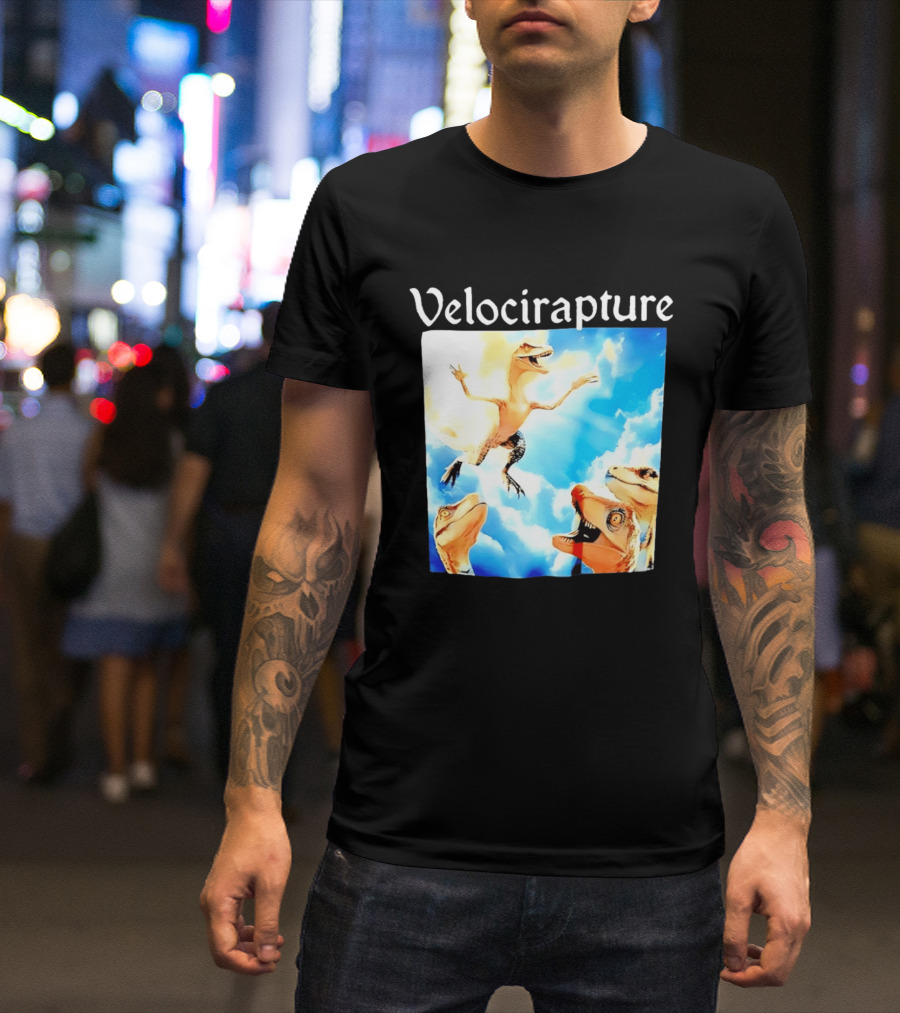 Velocirapture Dinosaur Raptor With Clouds And Blue Sky T-Shirt