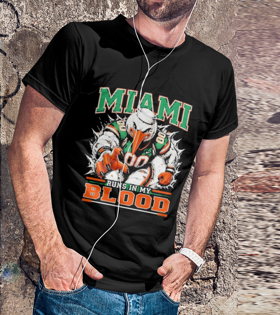 Miami Hurricanes Runs In My Blood Sebastian The Ibis NCAA Football T-Shirt