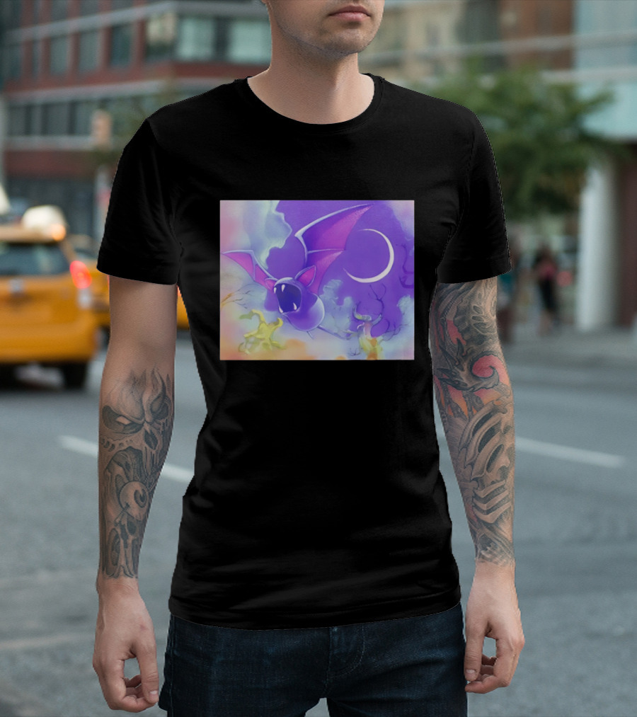 Spooky Bat With Pink Wings Flying Under Crescent Moon Halloween Night Scene T-Shirt