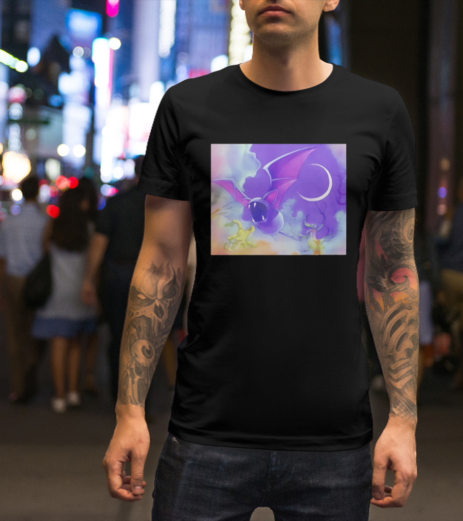 Spooky Bat With Pink Wings Flying Under Crescent Moon Halloween Night Scene T-Shirt