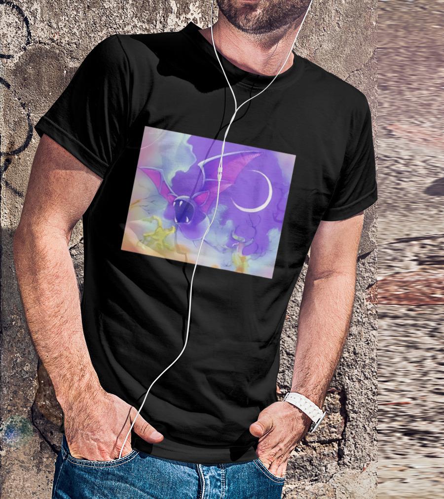 Spooky Bat With Pink Wings Flying Under Crescent Moon Halloween Night Scene T-Shirt