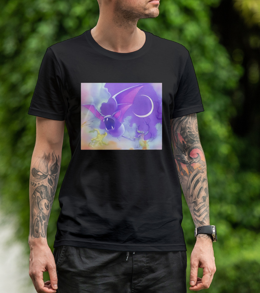 Spooky Bat With Pink Wings Flying Under Crescent Moon Halloween Night Scene T-Shirt