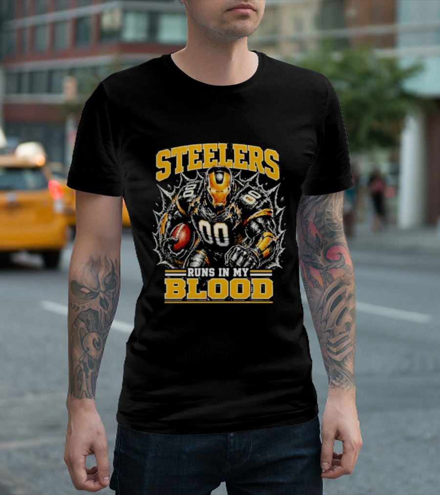 Steelers Runs In My Blood Iron Man Football Fusion T-Shirt
