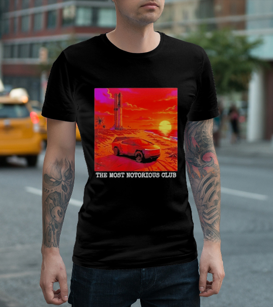 Tesla Cybertruck Sunset Beach Tower The Most Notorious Club T-Shirt