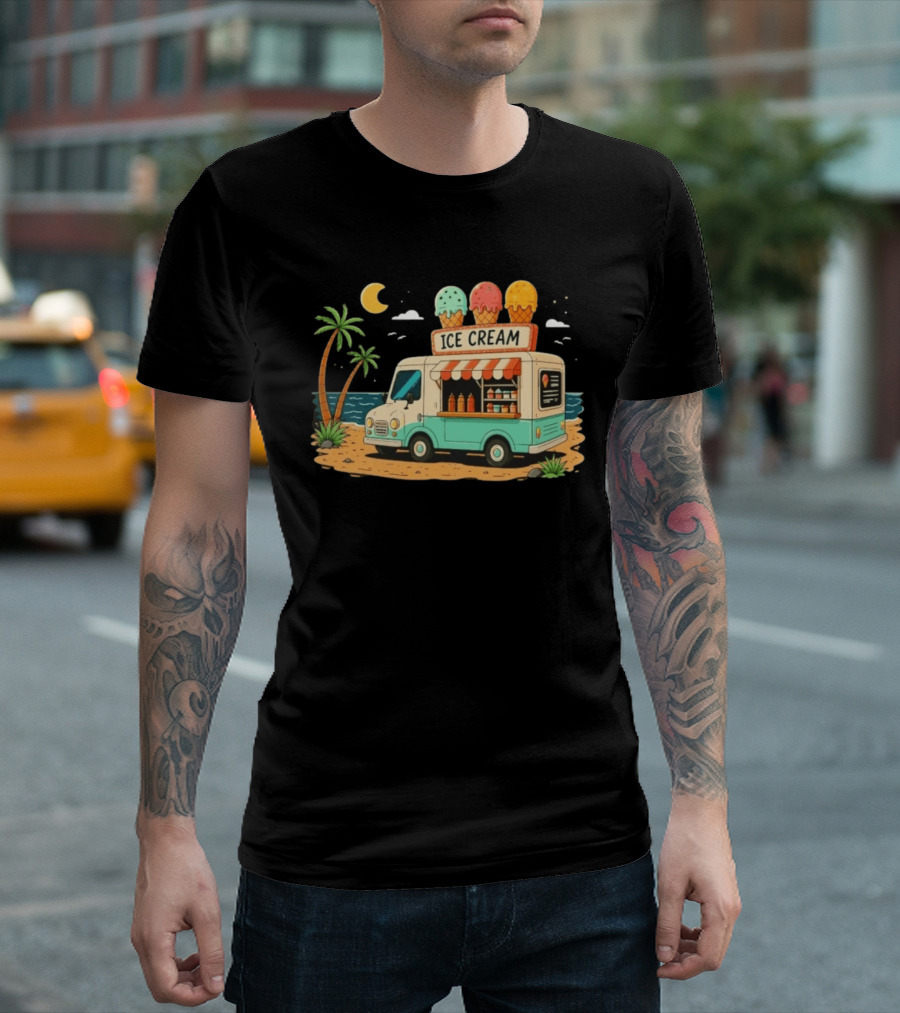 Ice Cream Truck Beach Night Tropical Ocean Summer Waves T-Shirt