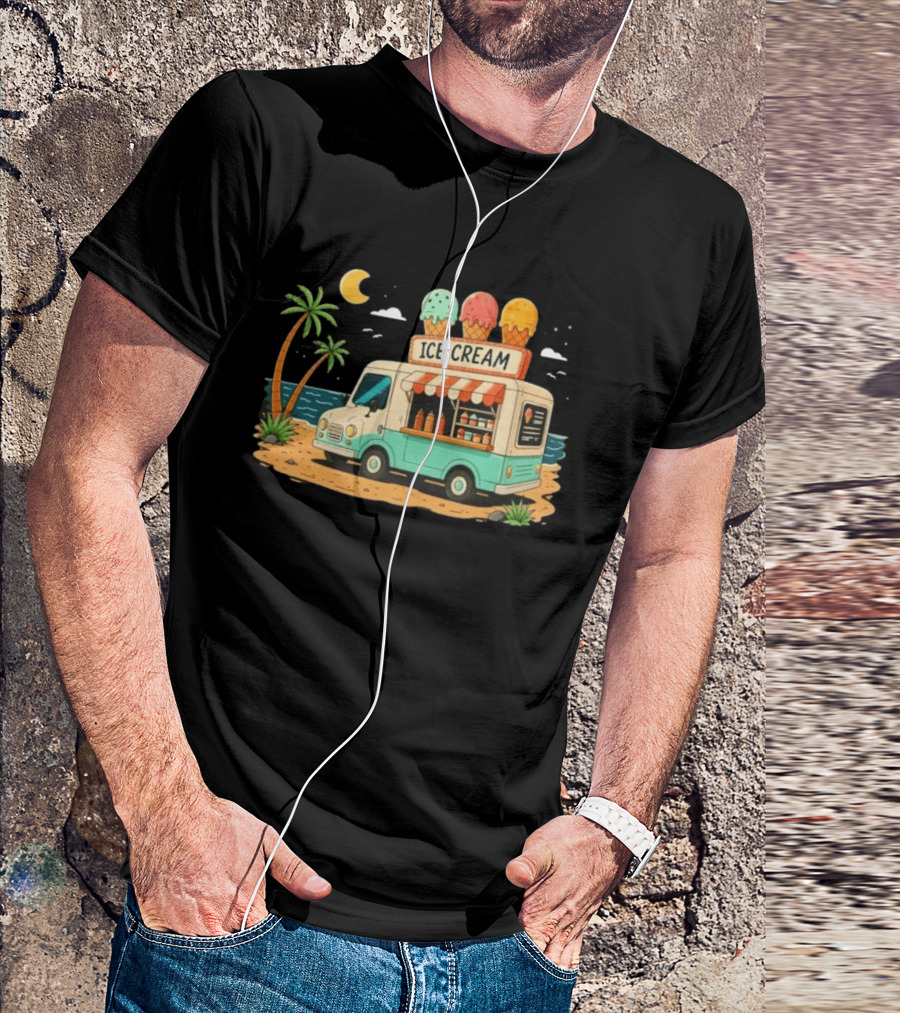 Ice Cream Truck Beach Night Tropical Ocean Summer Waves T-Shirt