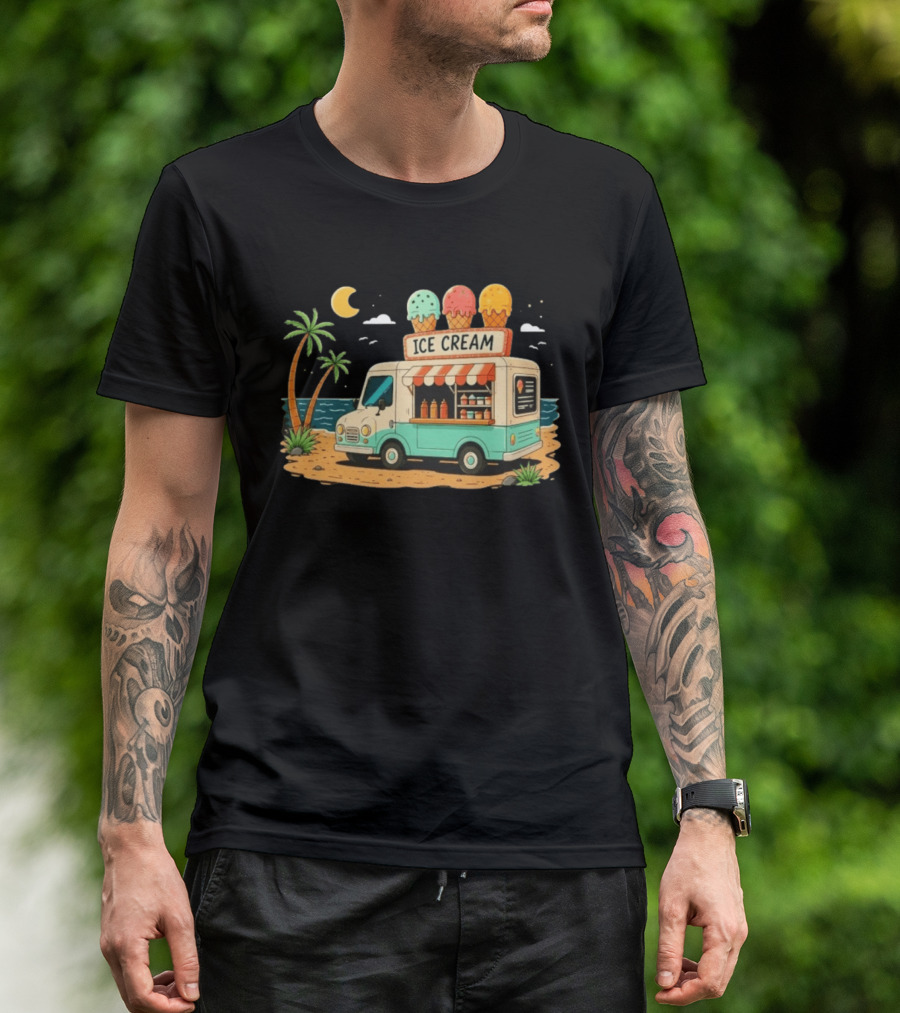 Ice Cream Truck Beach Night Tropical Ocean Summer Waves T-Shirt