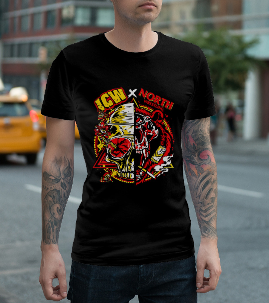 ICW X North Wrestling Split Skull Bear Head Concert Band T-Shirt
