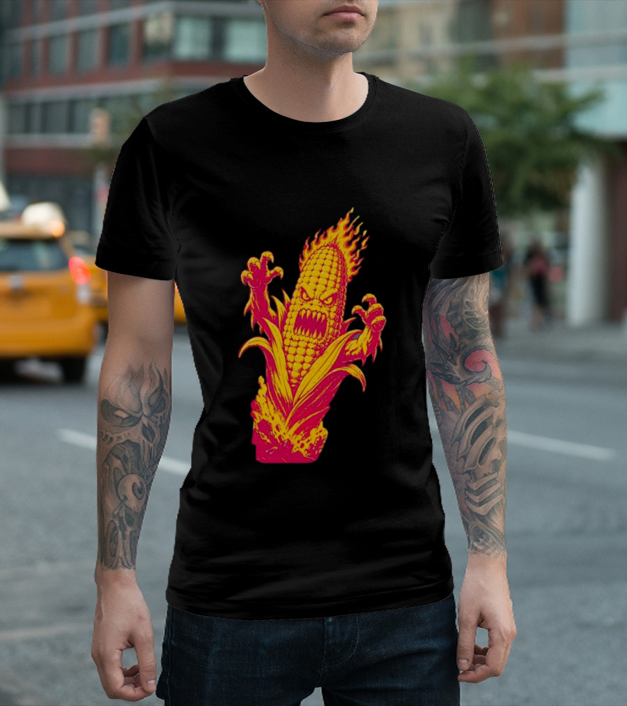 Fiery Mutant Corn Monster Kernels Of Terror Halloween Evil Cob T-Shirt