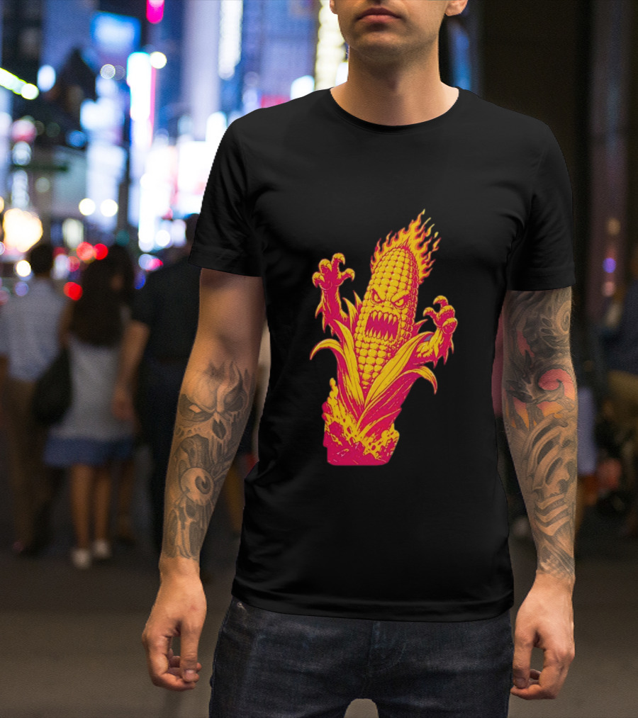 Fiery Mutant Corn Monster Kernels Of Terror Halloween Evil Cob T-Shirt