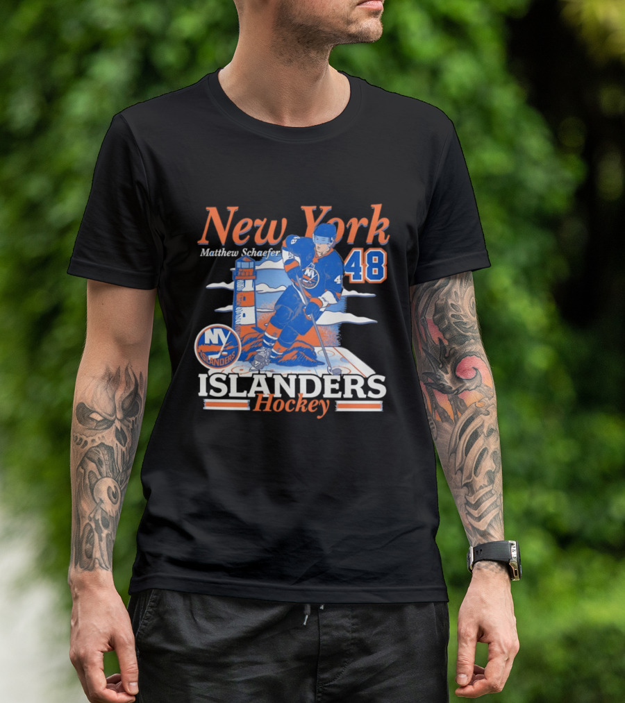 New York Islanders Hockey Matthew Schaefer 48 Player Lighthouse T-Shirt