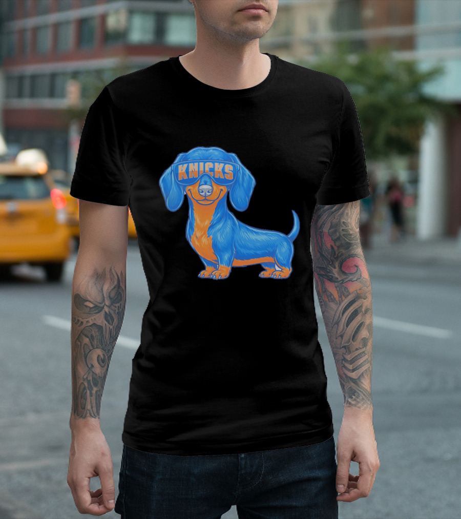 Knicks Dachshund Dog Cartoon Glasses T-Shirt