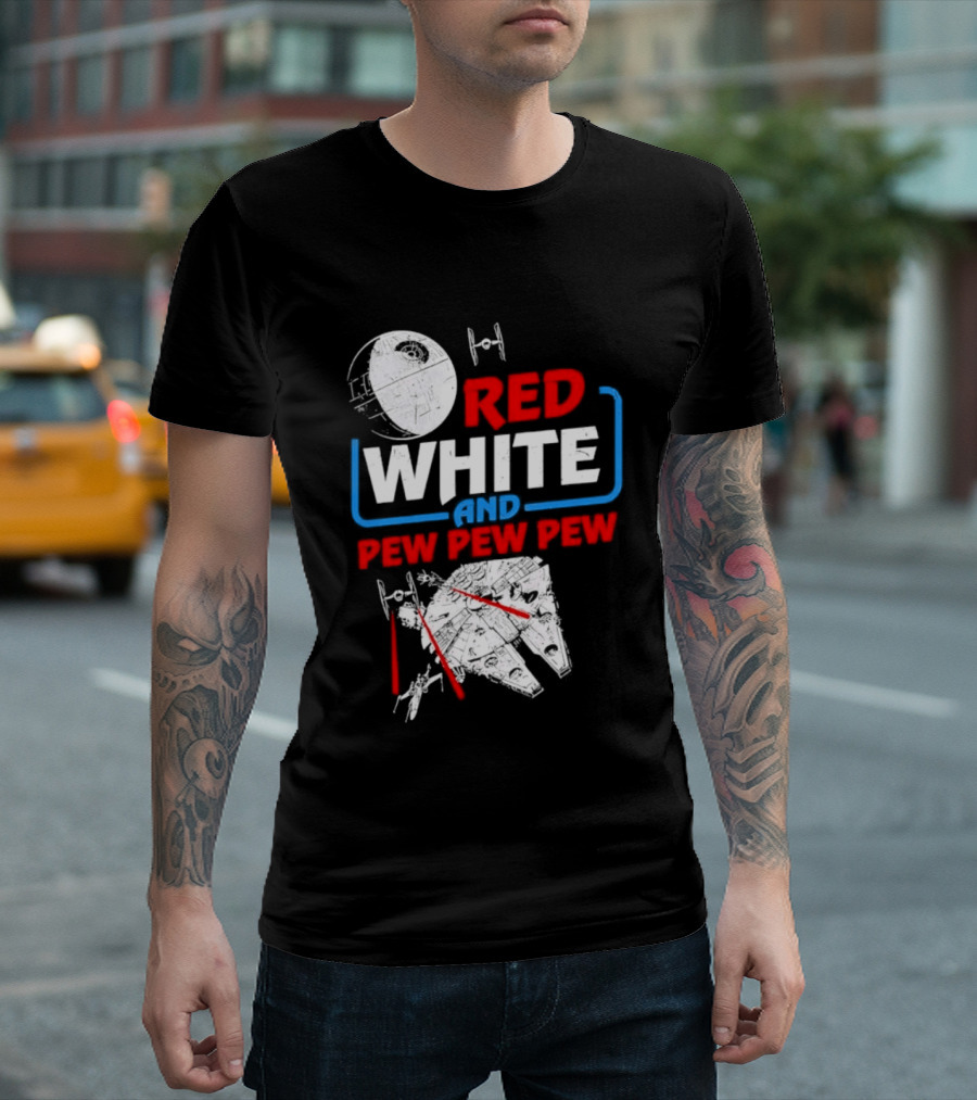Star Wars Millennium Falcon Red White And Pew Pew Pew Death Star Tie Fighter T-Shirt