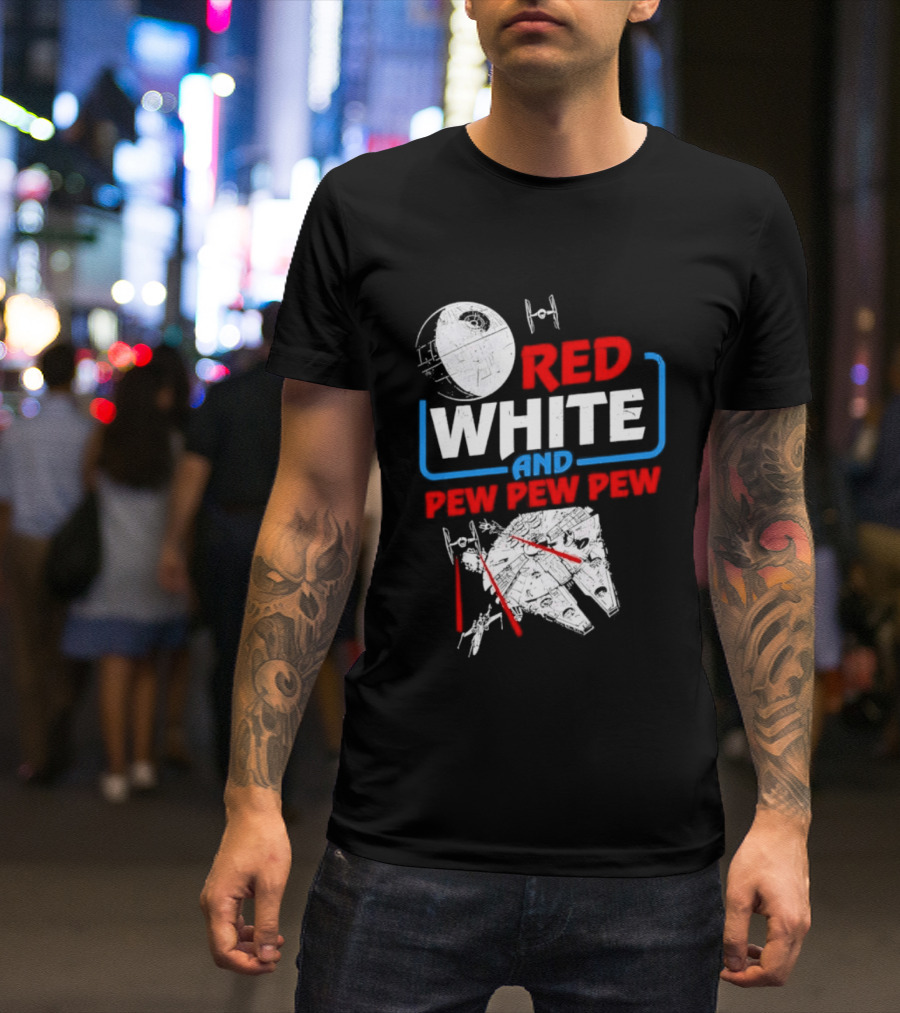 Star Wars Millennium Falcon Red White And Pew Pew Pew Death Star Tie Fighter T-Shirt