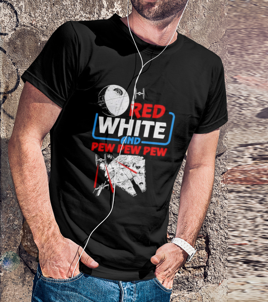Star Wars Millennium Falcon Red White And Pew Pew Pew Death Star Tie Fighter T-Shirt