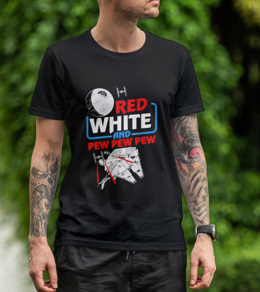 Star Wars Millennium Falcon Red White And Pew Pew Pew Death Star Tie Fighter T-Shirt