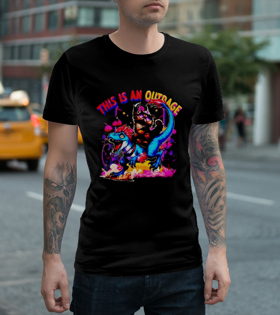 This Is An Outrage Cat Riding Blue Raptor Dinosaur Jurassic T-Shirt
