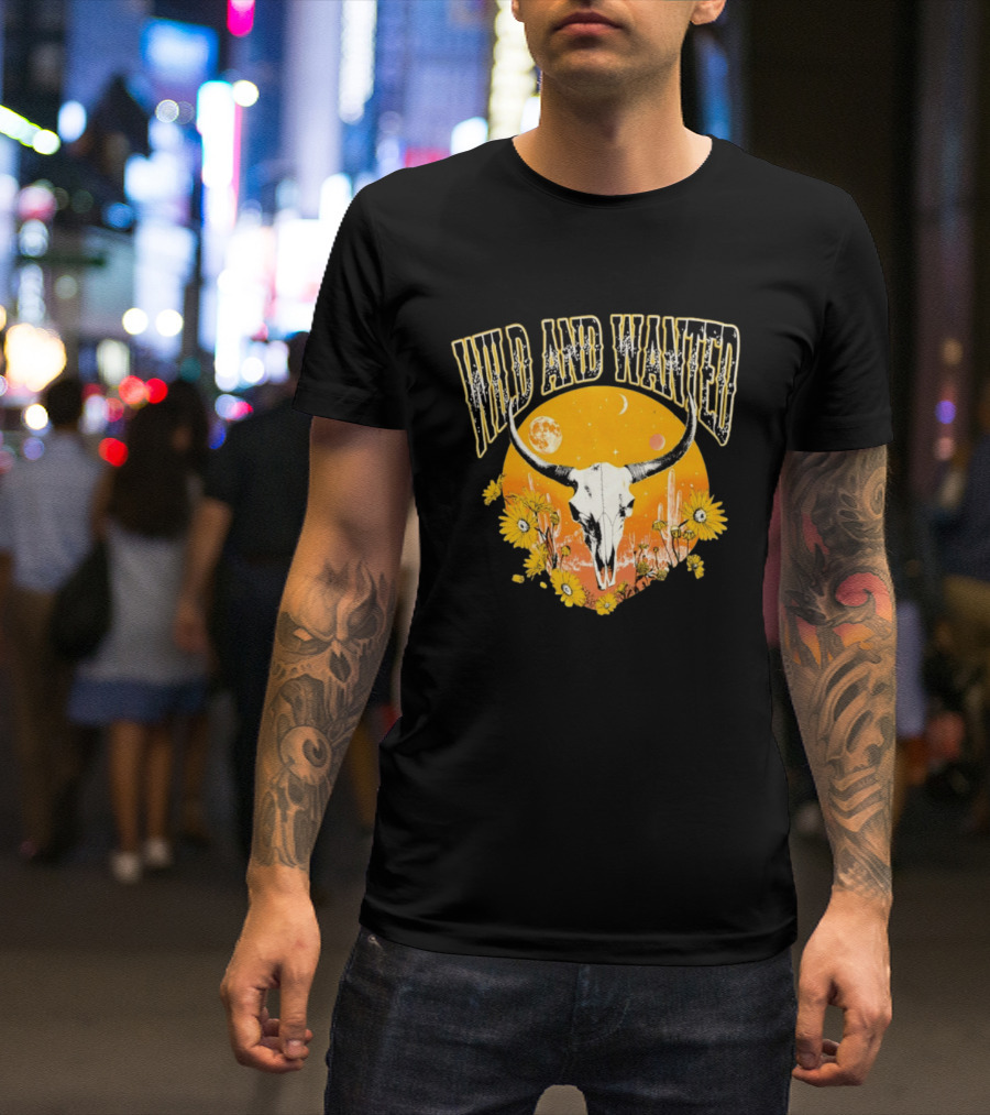 Wild And Wanted Bull Skull Sun Moon Desert Cactus Flowers Western Boho T-Shirt