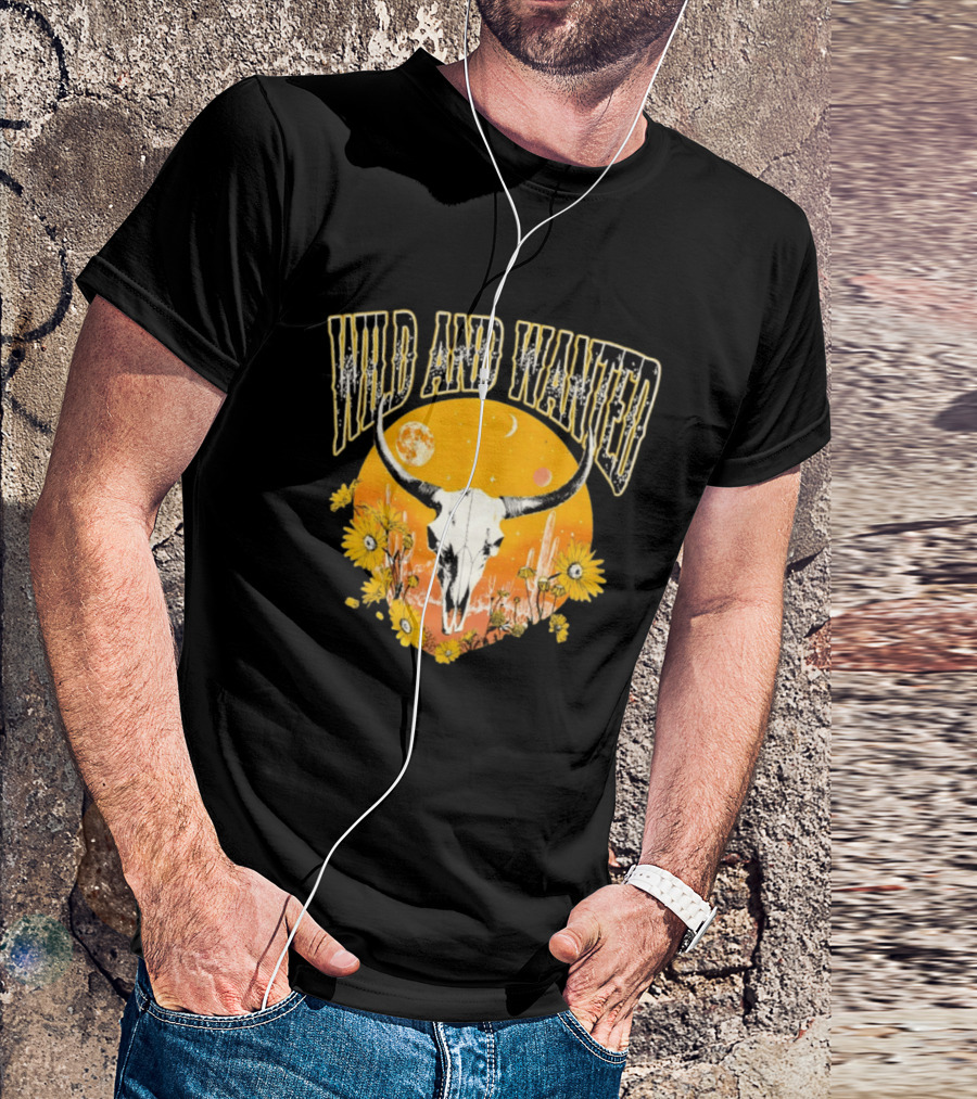 Wild And Wanted Bull Skull Sun Moon Desert Cactus Flowers Western Boho T-Shirt