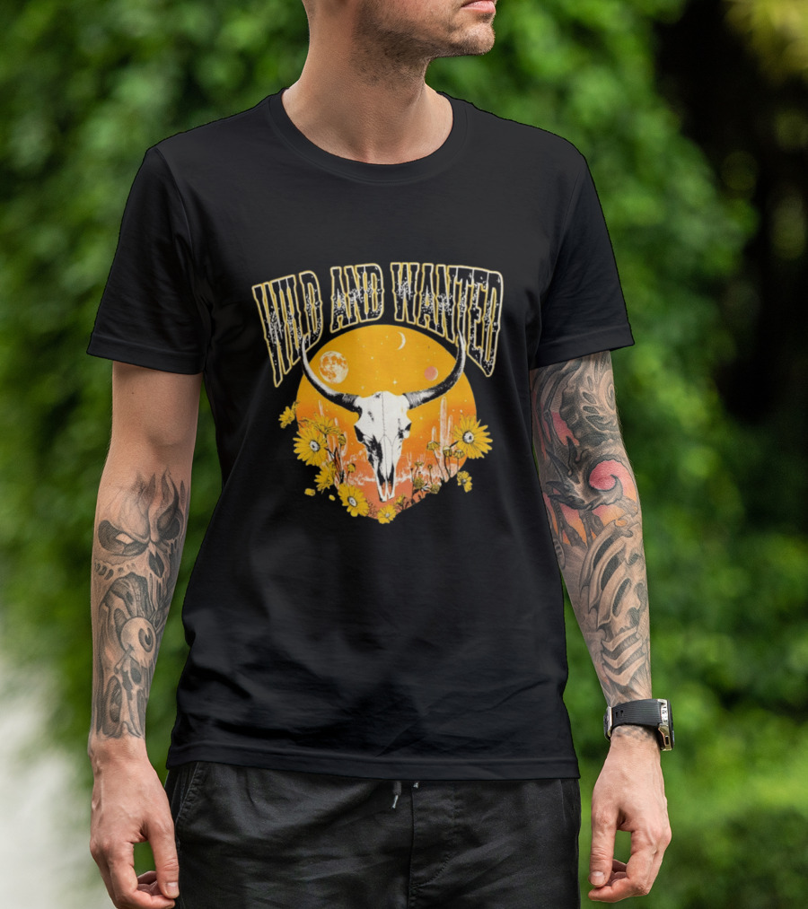 Wild And Wanted Bull Skull Sun Moon Desert Cactus Flowers Western Boho T-Shirt