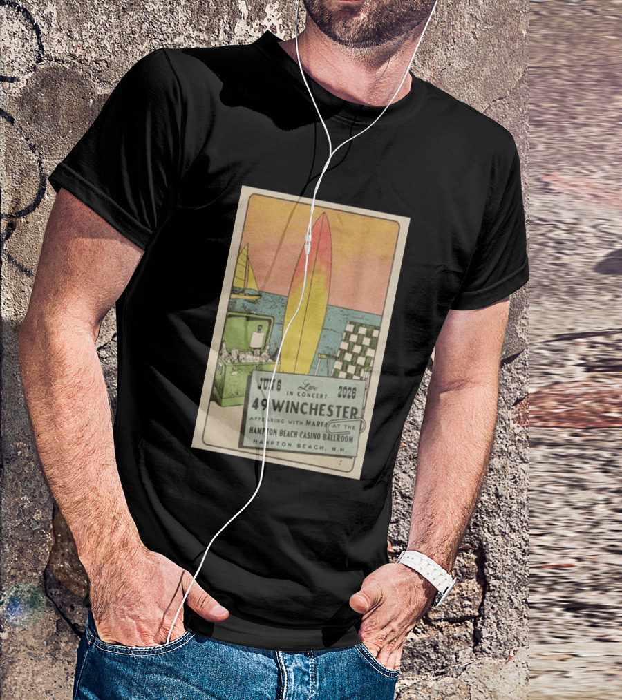 49 Winchester Live In Concert June 06 2026 Hampton Beach Casino Ballroom NH Appearing With Marfa Surfboard Ice Cooler Beach Scene T-Shirt