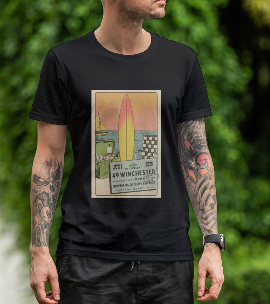 49 Winchester Live In Concert June 06 2026 Hampton Beach Casino Ballroom NH Appearing With Marfa Surfboard Ice Cooler Beach Scene T-Shirt