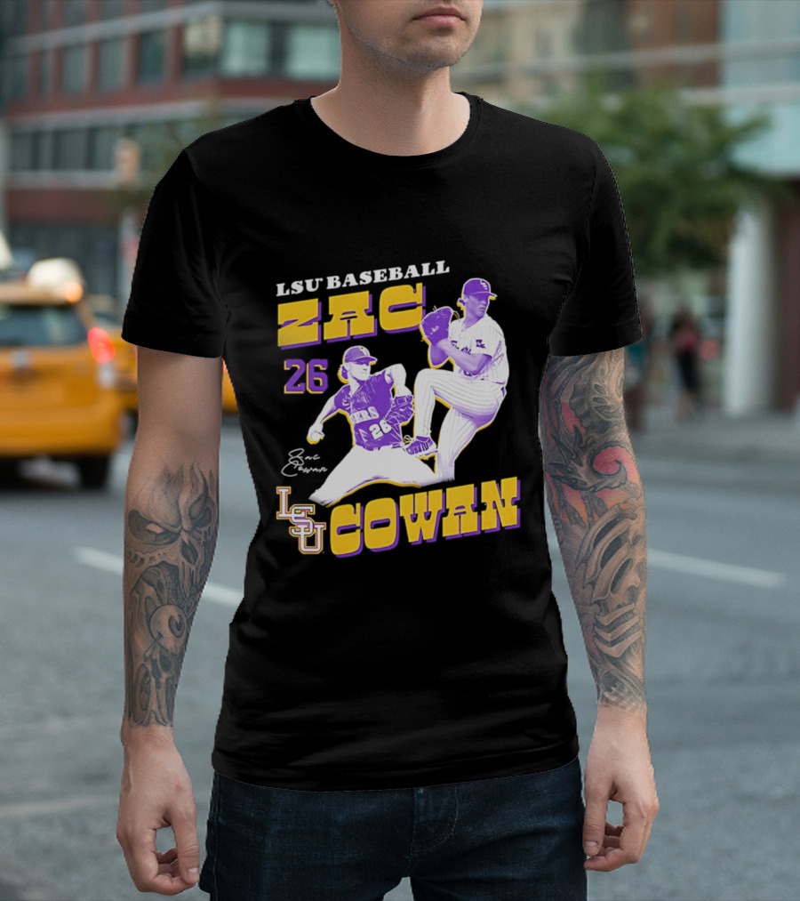 LSU Baseball Zac Cowan 26 Pitching Action Pose T-Shirt