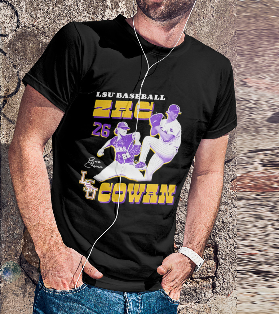 LSU Baseball Zac Cowan 26 Pitching Action Pose T-Shirt