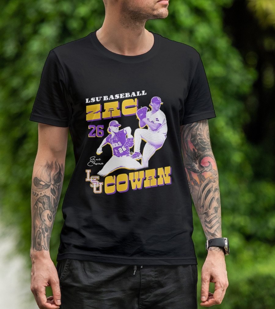 LSU Baseball Zac Cowan 26 Pitching Action Pose T-Shirt