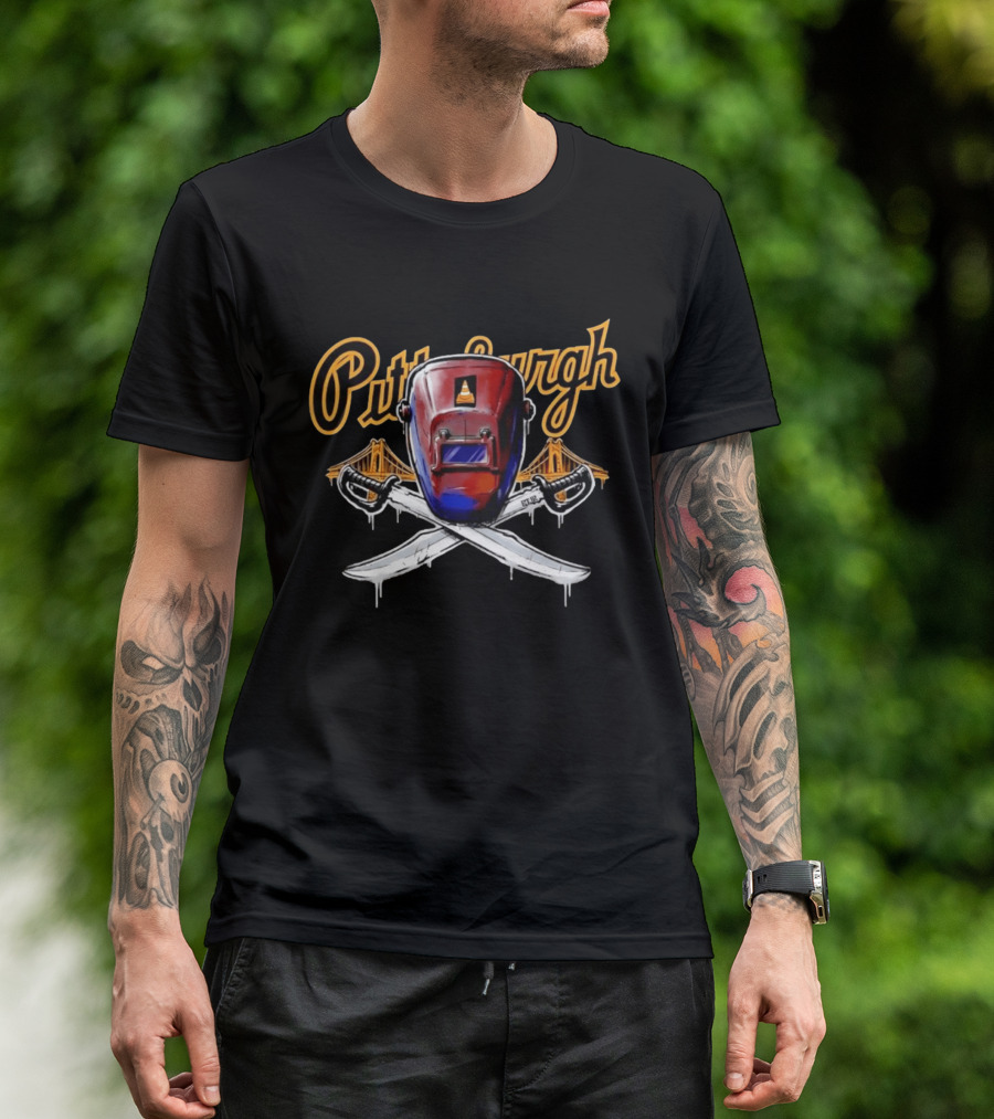 Pittsburgh Welding Mask Crossed Swords Bridge City Steel Construction Cone T-Shirt