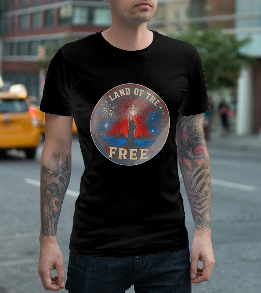 Land Of The Free Statue Of Liberty Fireworks Skyline T-Shirt