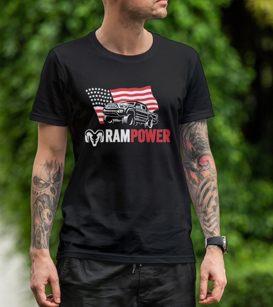 RAMPOWER American Flag Truck And Ram Head T-Shirt