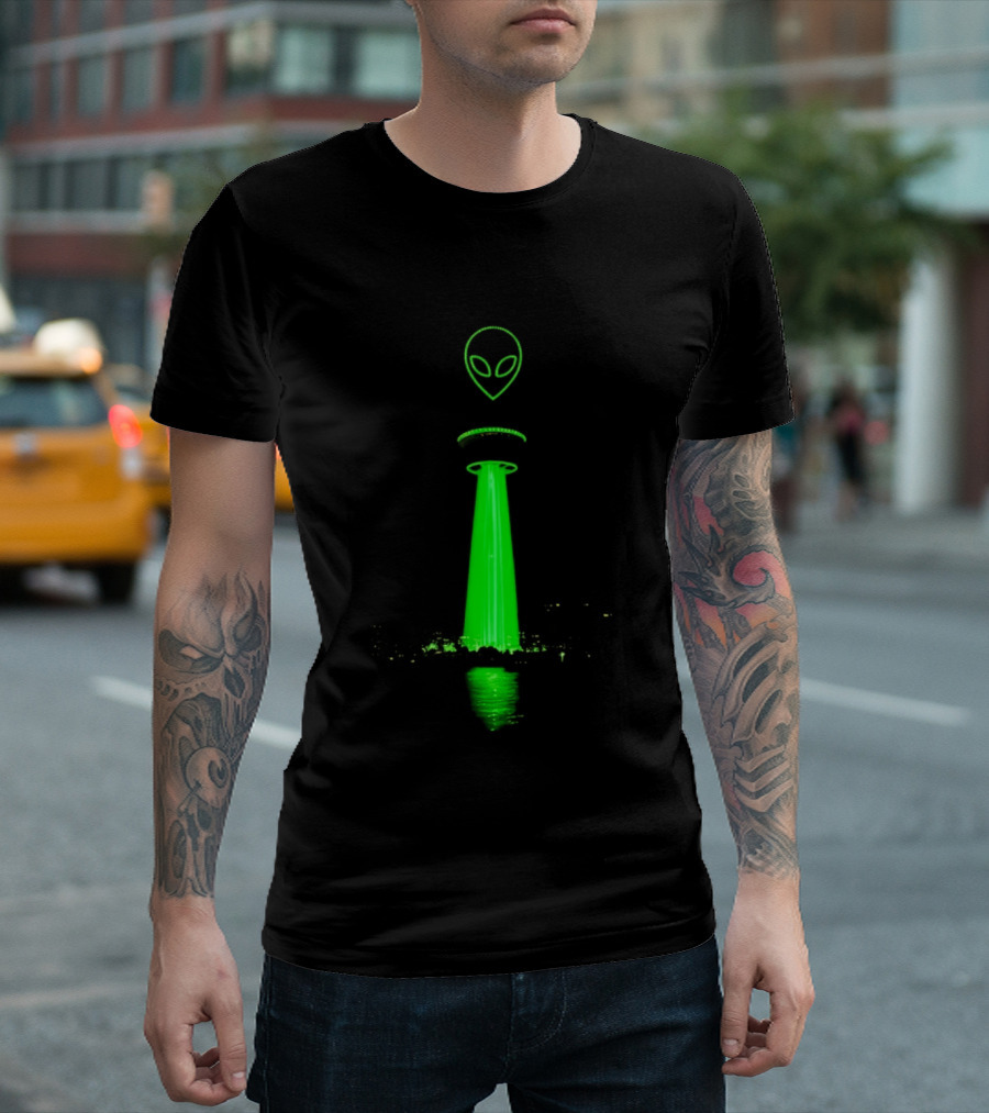 Victor Wamby Alien Spaceship Calgary Tower Abduction UFO Green Glow T-Shirt