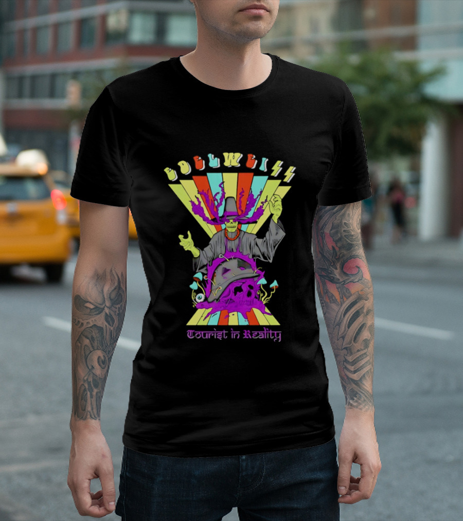 Edelweiss Skeleton Warlock Psychedelic Rainbow Tourist In Reality T-Shirt