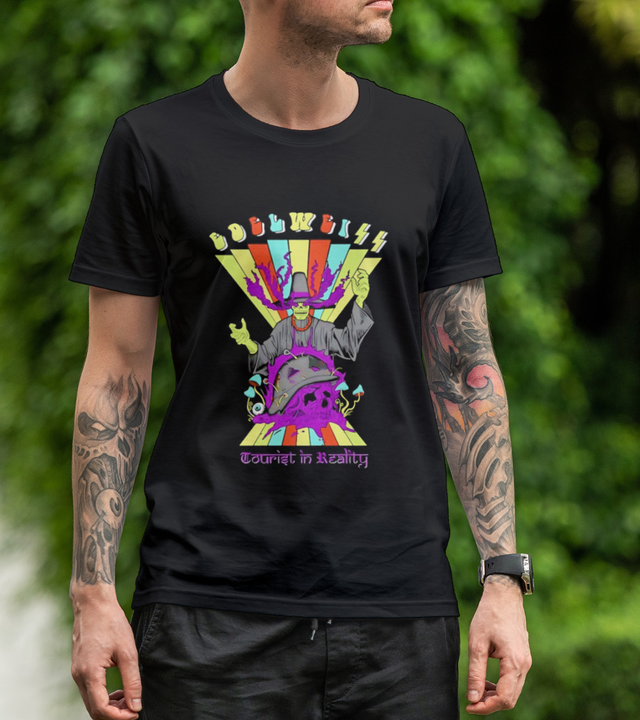 Edelweiss Skeleton Warlock Psychedelic Rainbow Tourist In Reality T-Shirt