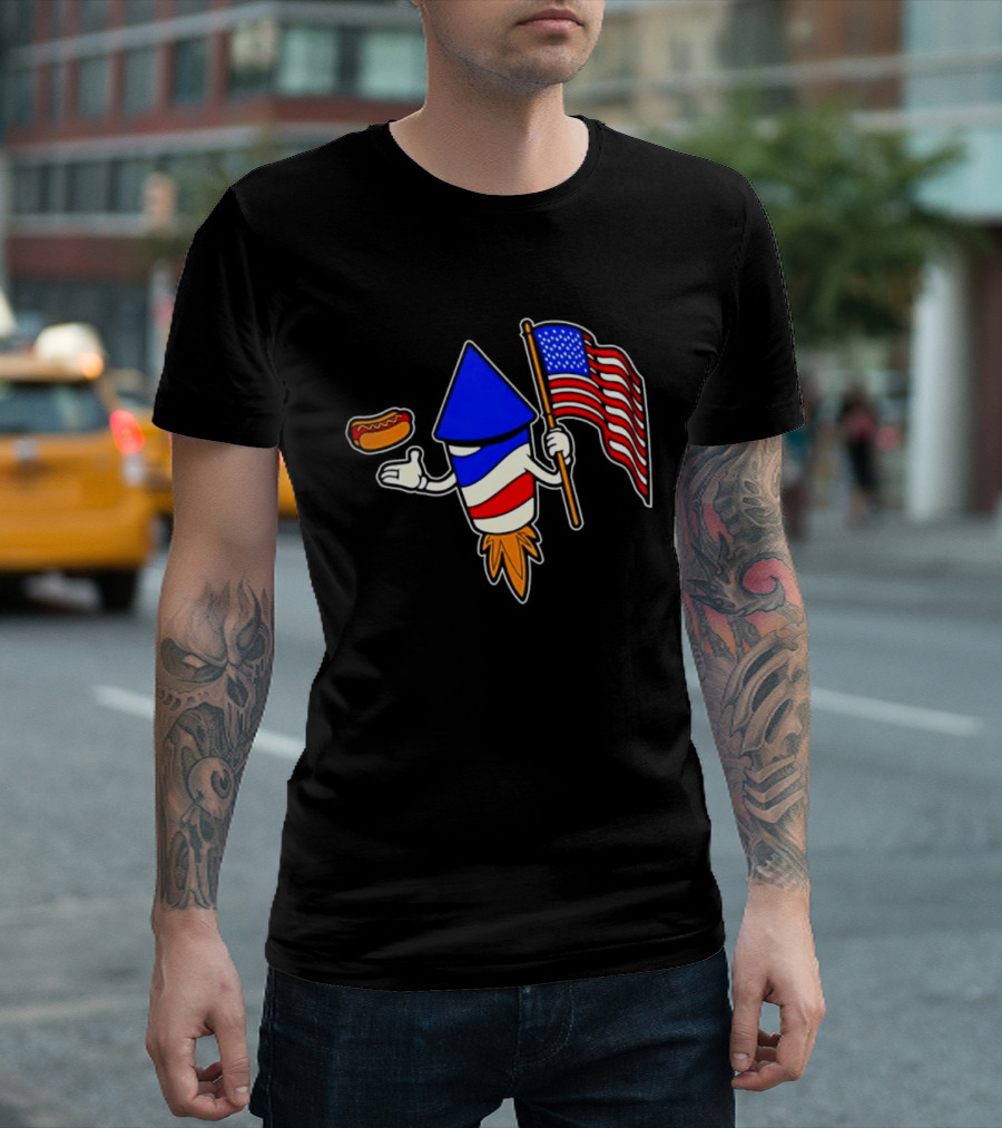Fireworks Rocket American Flag And Hot Dog Celebration T-Shirt