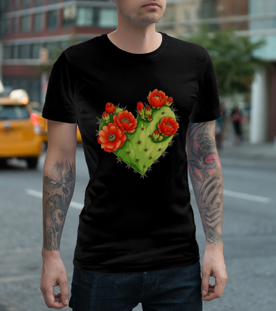 Heart Shaped Cactus With Vibrant Red Flowers T-Shirt