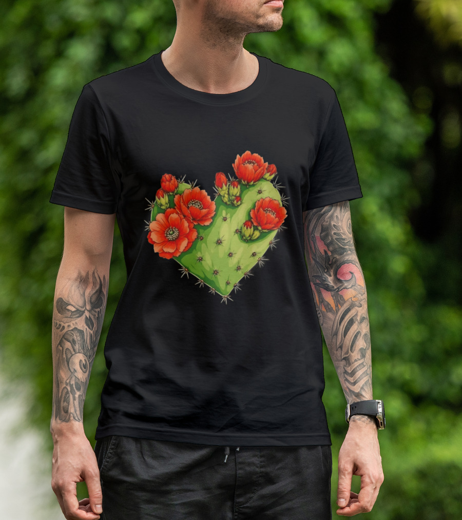 Heart Shaped Cactus With Vibrant Red Flowers T-Shirt