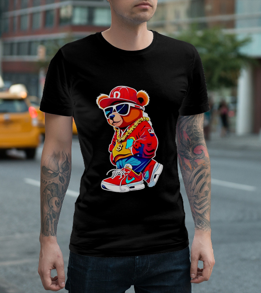 Hip Hop Teddy Bear Swag With Red Cap And Sunglasses T-Shirt