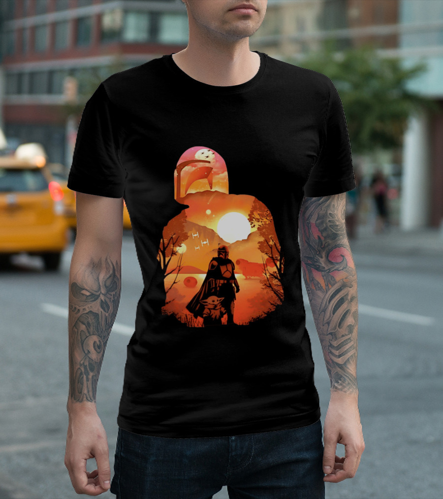 Hunting Companions Bounty Hunter Sunset Mandalorian Grogu Art By Dandingeroz T-Shirt