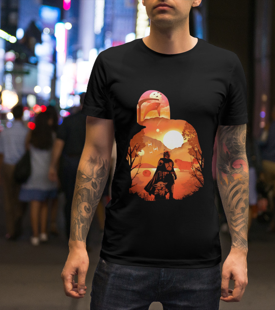 Hunting Companions Bounty Hunter Sunset Mandalorian Grogu Art By Dandingeroz T-Shirt