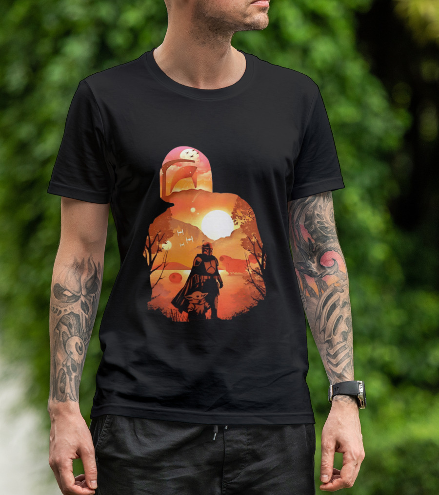Hunting Companions Bounty Hunter Sunset Mandalorian Grogu Art By Dandingeroz T-Shirt