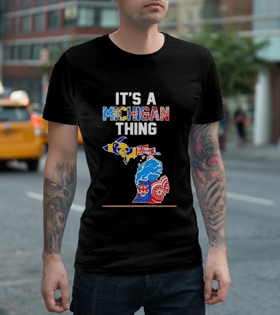 It's A Michigan Thing Detroit Pistons Lions Red Wings Sports Map T-Shirt
