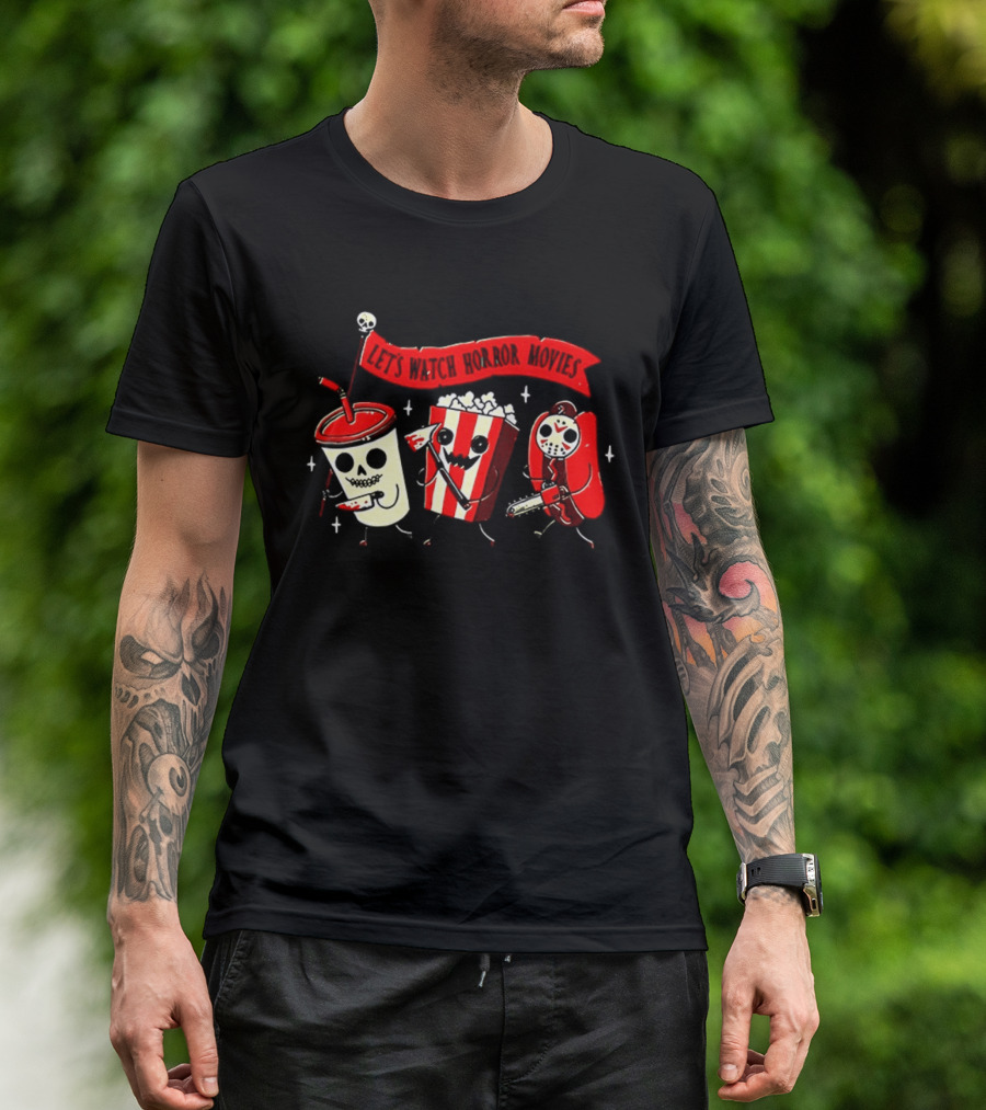 Let's Horror Movies Skull Soda Chainsaw Hot Dog And Popcorn T-Shirt