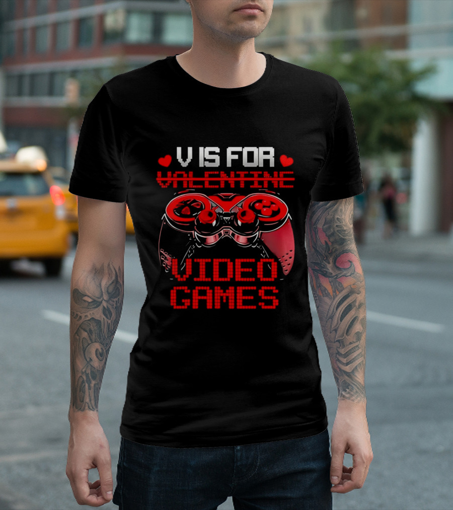 V Is For Valentine Video Games Controller Hearts T-Shirt