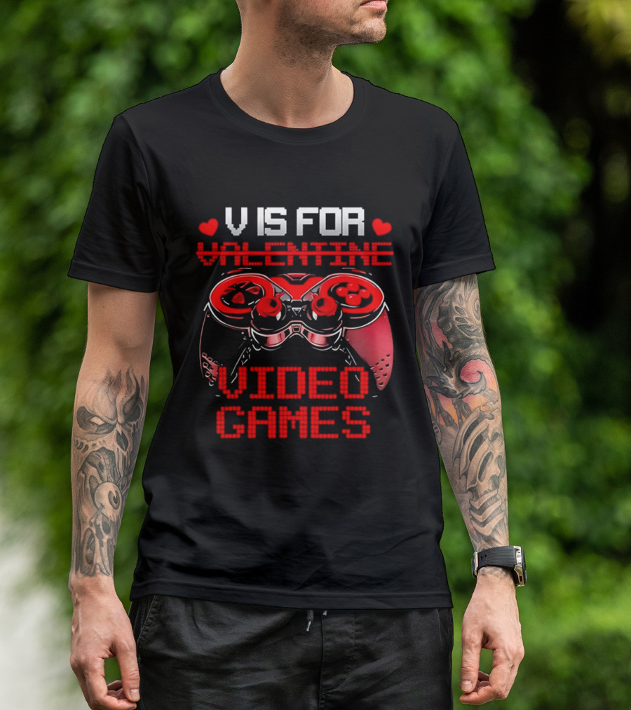 V Is For Valentine Video Games Controller Hearts T-Shirt