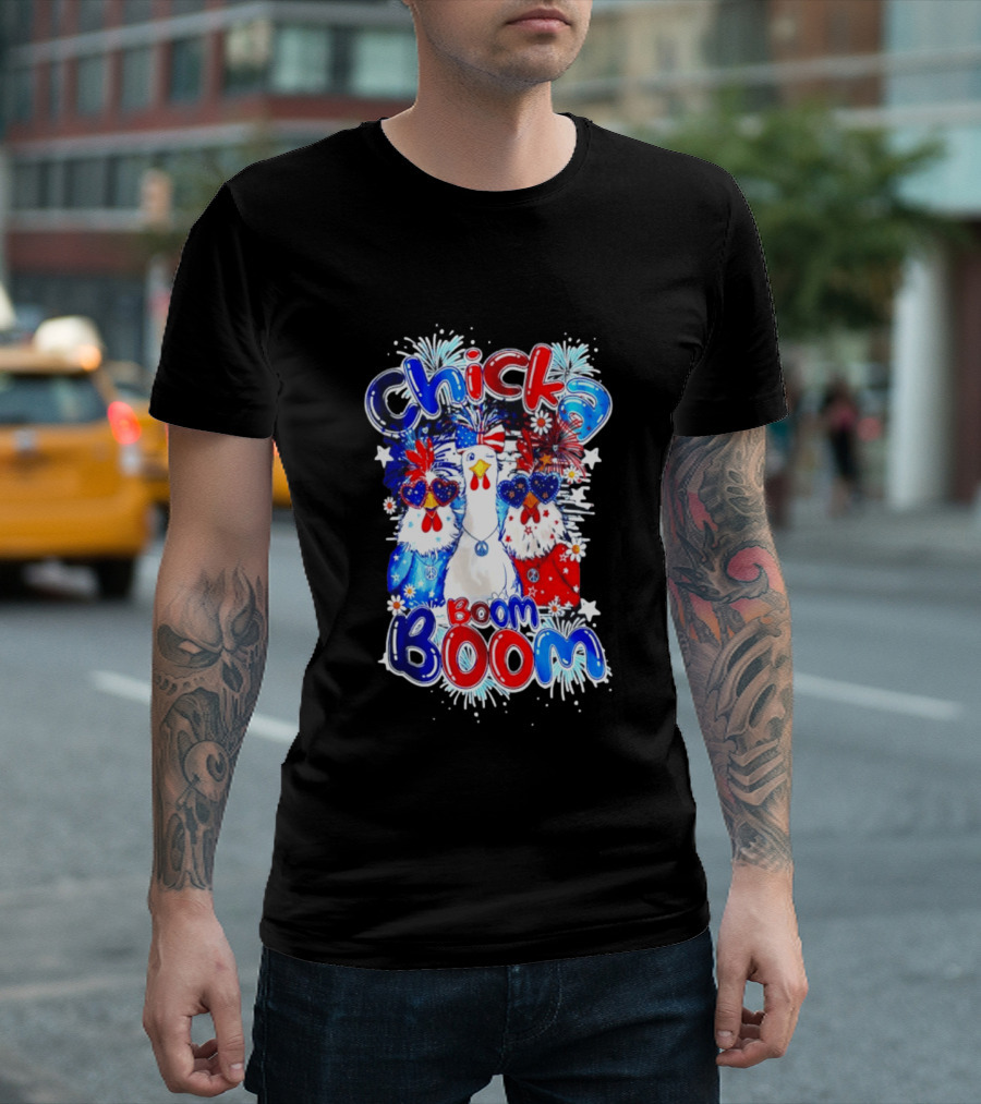 Chicka Boom Boom Patriotic Chickens With Headbands And Peace Signs T-Shirt