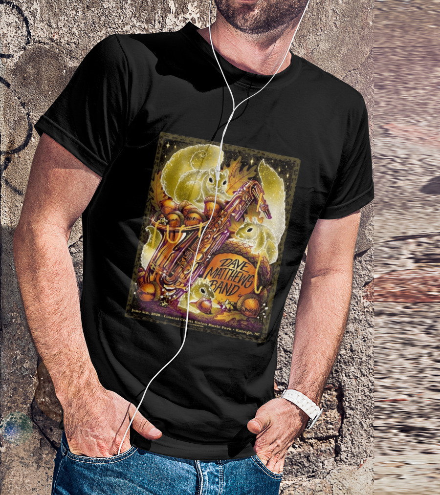 Dave Matthews Band June 5 2026 Coastal Credit Union Music Park Raleigh NC Squirrels Saxophone Acorns T-Shirt