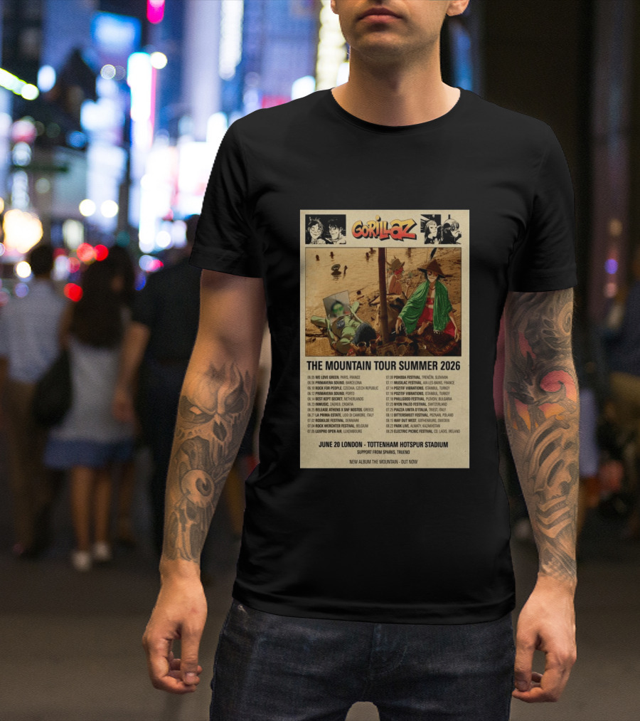 Gorillaz We Love Green Paris June 05 2026 The Mountain Tour T-Shirt
