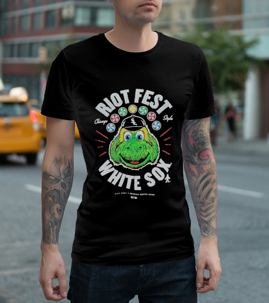 Riot Fest Chicago Style White Sox Collab With Green Mascot And Candy Circles T-Shirt